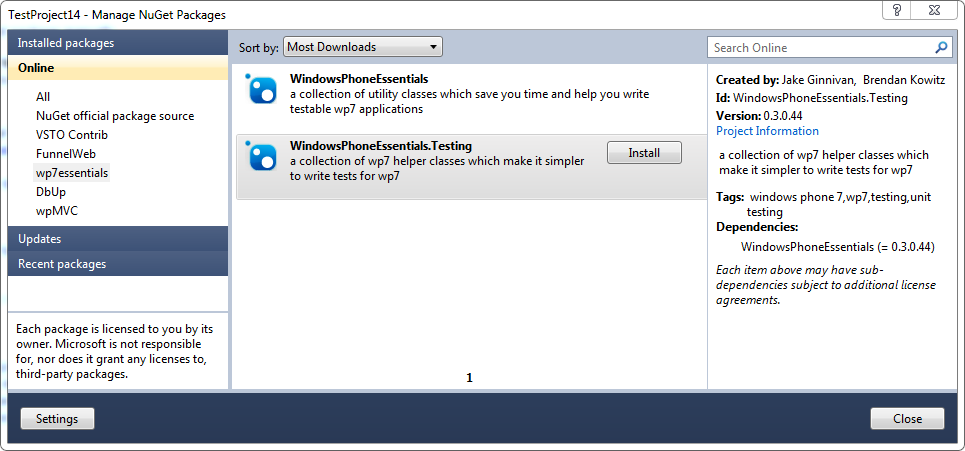 Add NuGet reference to WindowsPhoneEssentials.Testing